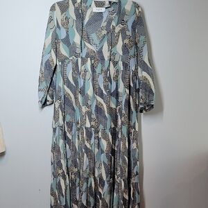 Axara Paris babydoll peasant abstract tiered midi dress 3/4 sleeves size Large